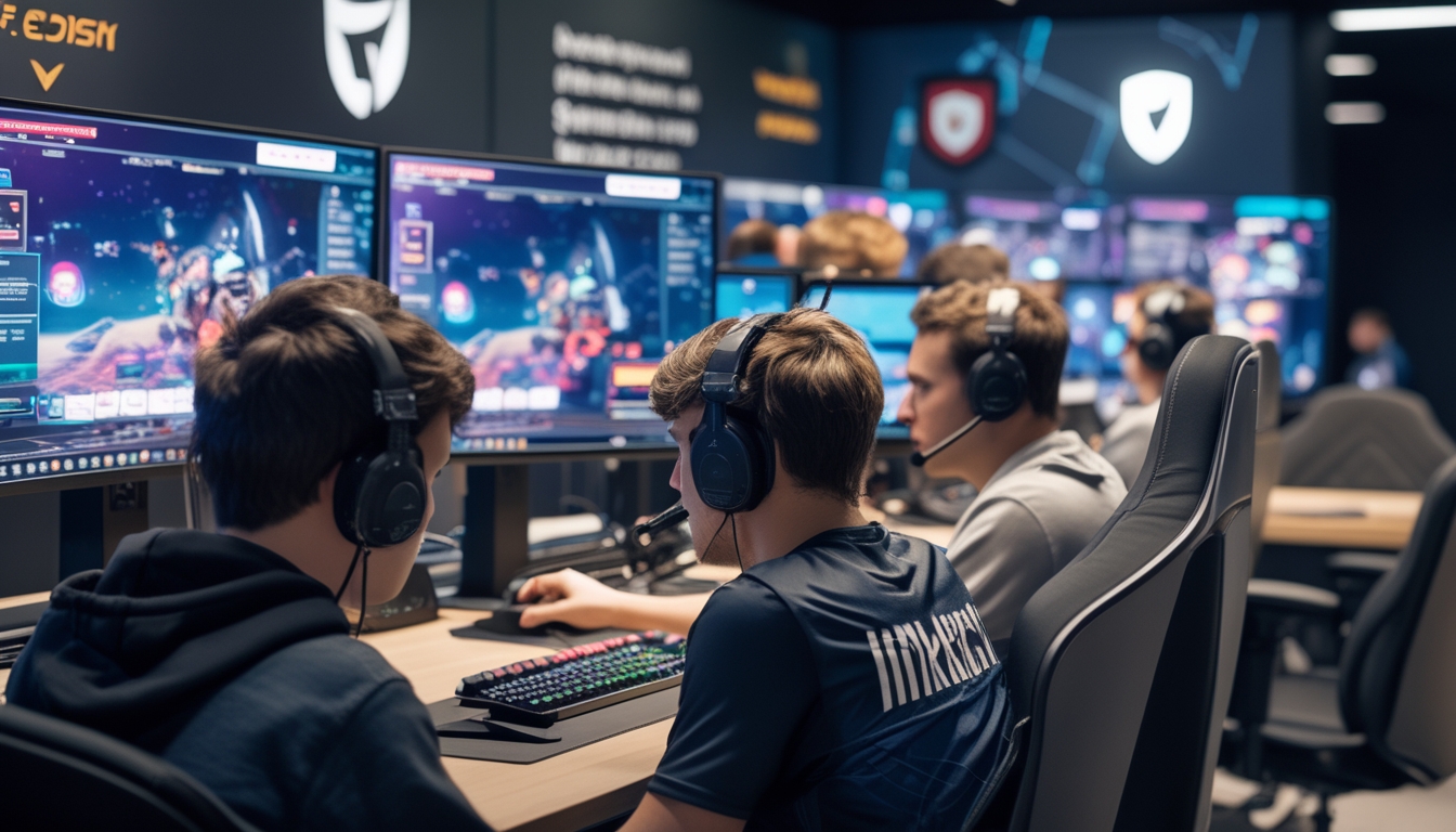 Sekelompok orang muda sedang bermain game esports di sebuah ruangan dengan peralatan gaming modern dan monitor yang menampilkan permainan.