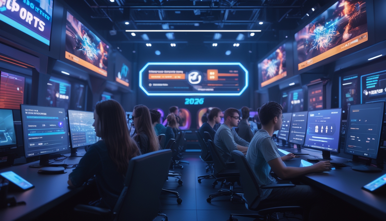 Sekelompok orang muda sedang menggunakan komputer dengan layar menampilkan permainan esports dan informasi taruhan di ruangan gaming yang modern dan berteknologi tinggi.