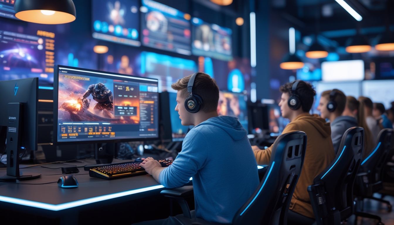 Sekelompok orang muda sedang fokus bermain dan bertaruh pada permainan esports di sebuah ruang gaming modern dengan layar komputer dan perangkat gaming.