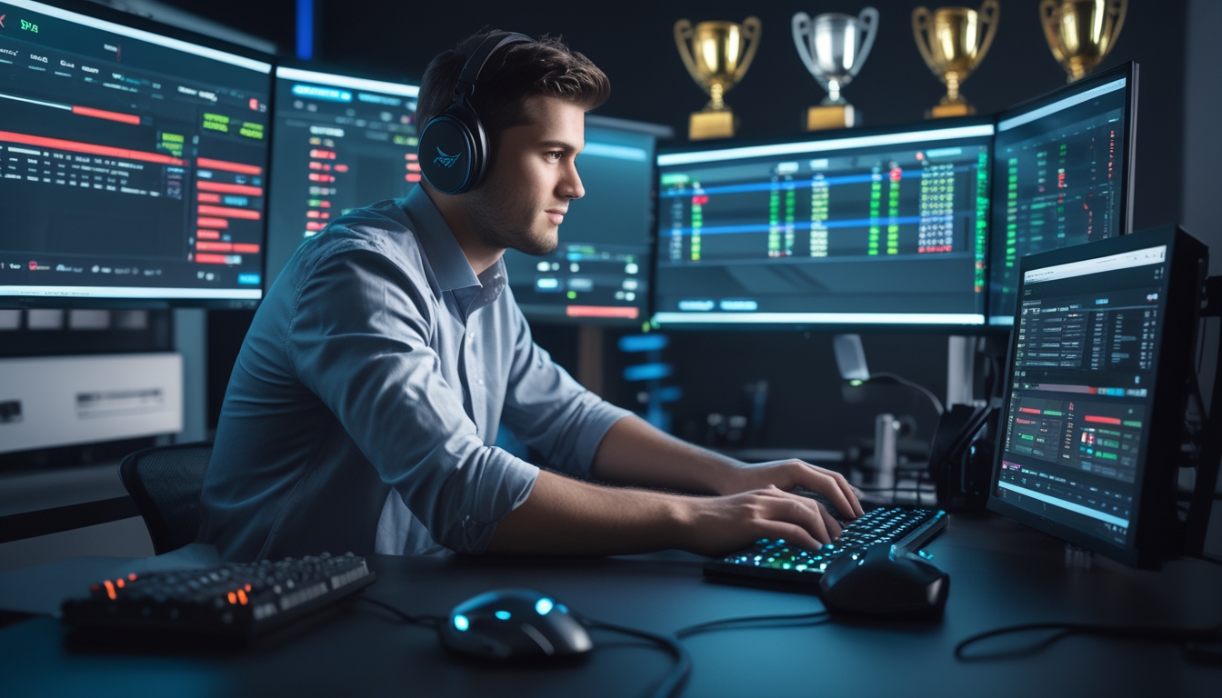 Seorang dewasa muda sedang bekerja dengan komputer di meja yang menampilkan layar permainan esports dan grafik taruhan, di ruangan dengan perlengkapan gaming dan pencahayaan modern.