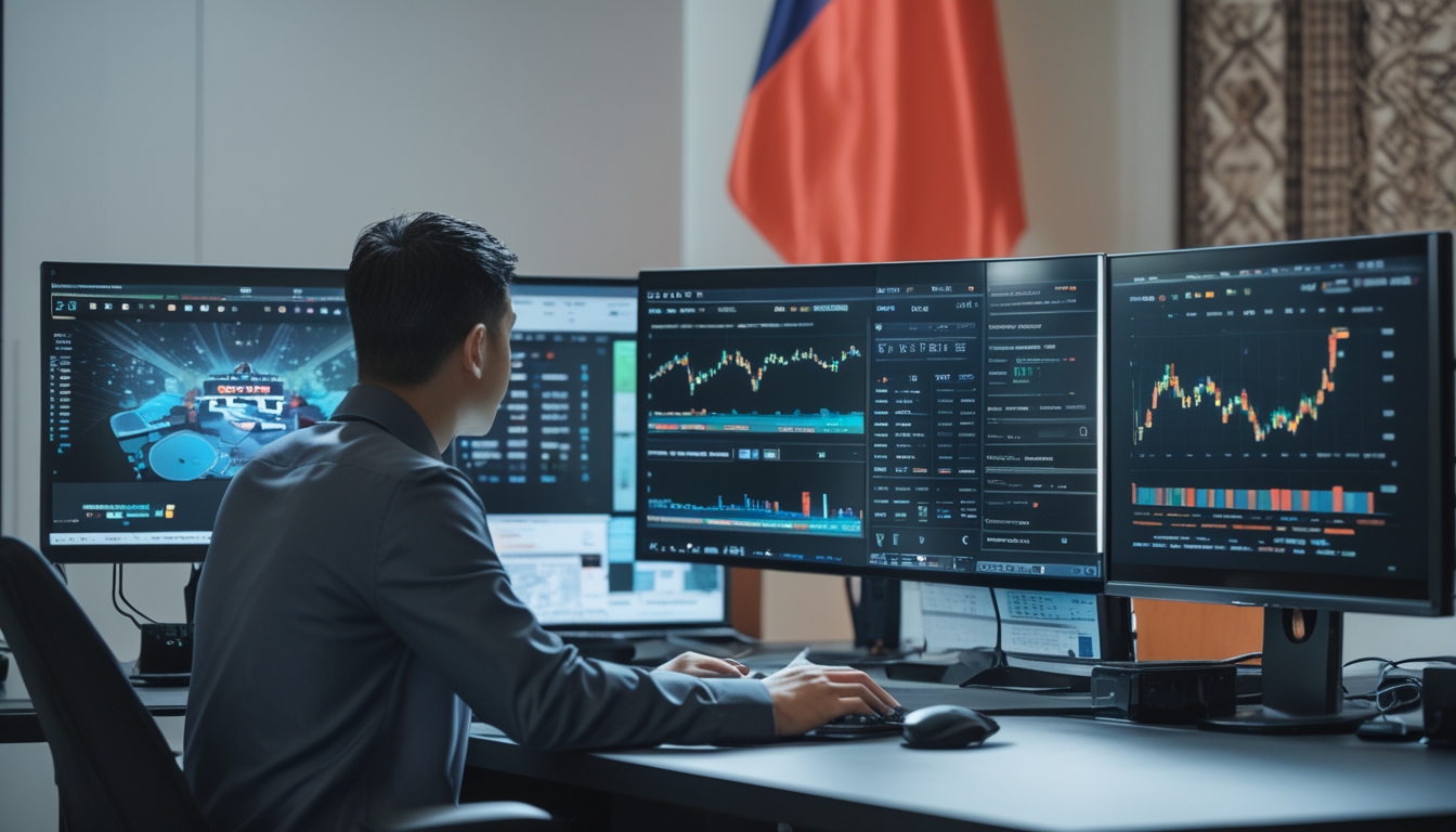Seorang profesional di depan beberapa monitor komputer yang menampilkan permainan esports dan data terkait situs judi esports legal di Indonesia.
