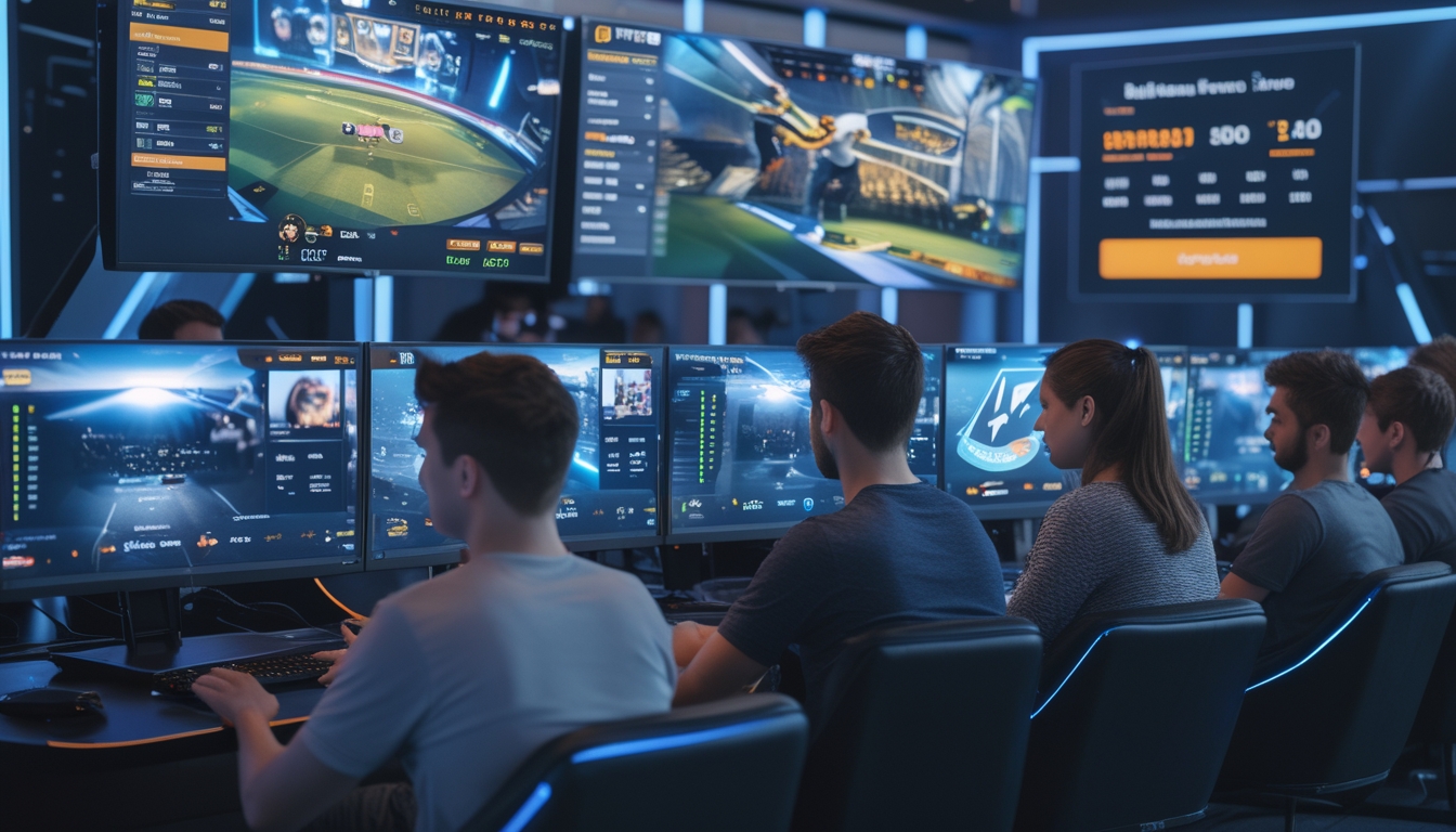 Sekelompok orang muda sedang fokus bermain dan memasang taruhan pada pertandingan esports di sebuah ruang gaming modern dengan monitor besar dan perangkat digital.