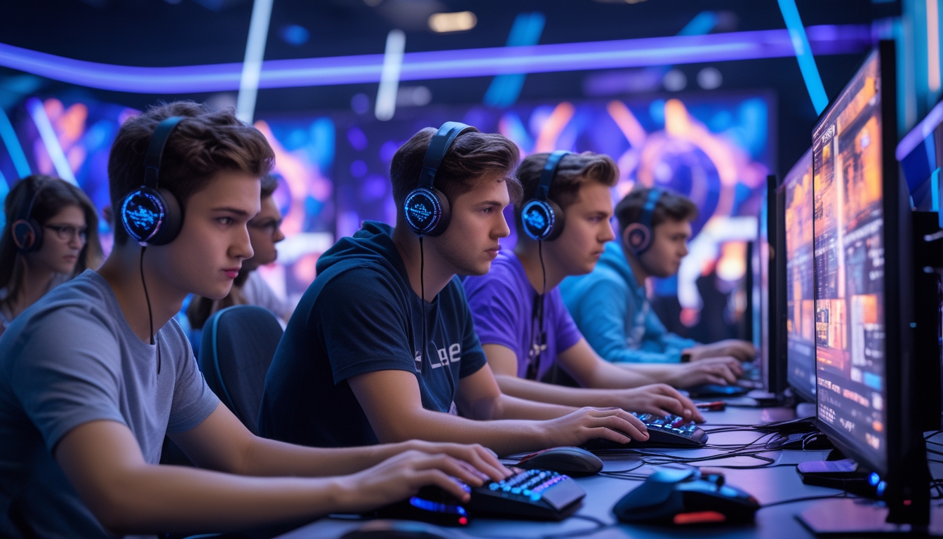 Sekelompok orang muda fokus bermain game esports di lingkungan modern dengan layar besar dan peralatan gaming.