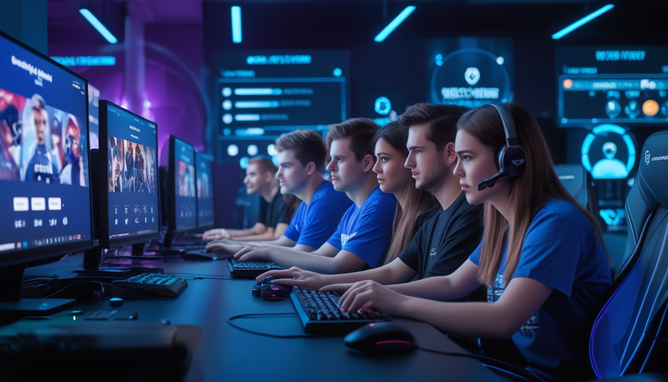 Sekelompok orang muda menggunakan komputer di ruang permainan dengan layar yang menampilkan permainan esports populer dan peralatan gaming.