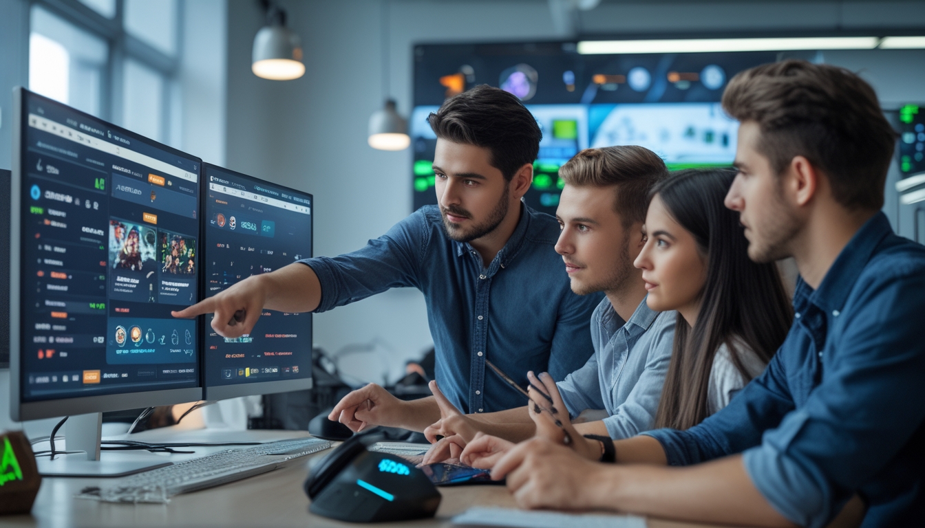 Beberapa orang muda sedang berdiskusi di depan layar komputer yang menampilkan permainan esports dan data taruhan.