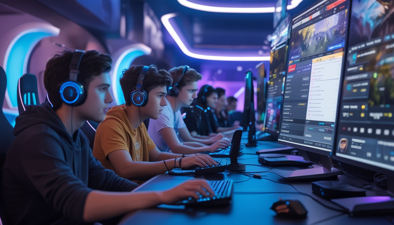 Sekelompok orang muda sedang fokus bermain dan memasang taruhan pada pertandingan esports di ruang gaming modern dengan layar besar dan perangkat canggih.