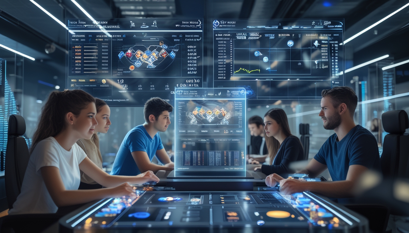 Beberapa orang muda menggunakan layar hologram untuk memasang taruhan pada pertandingan esports di lingkungan teknologi tinggi.