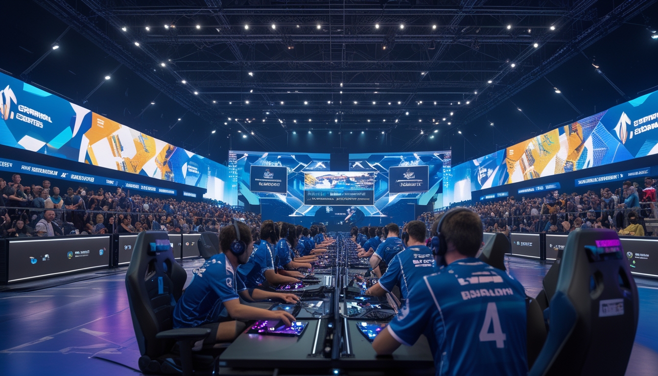 Suasana turnamen esports internasional dengan pemain profesional bermain di arena besar dan penonton yang antusias.