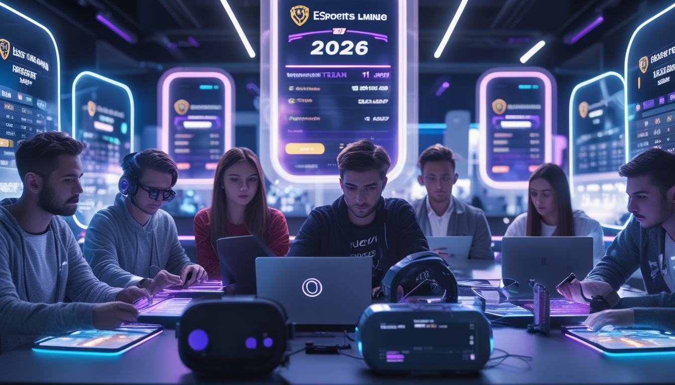 Sekelompok orang muda sedang menggunakan perangkat teknologi canggih di ruang modern dengan layar digital menampilkan statistik turnamen esports internasional.