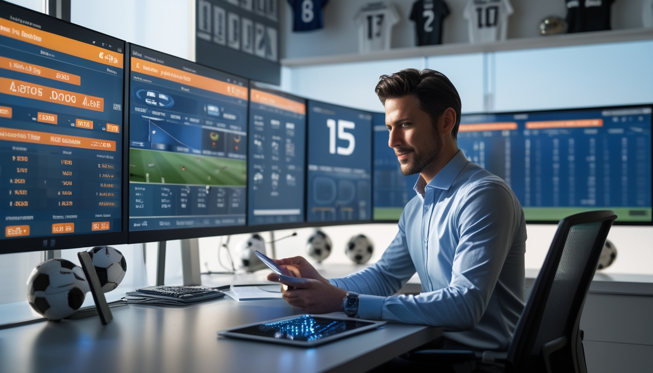 Seorang analis sepak bola sedang bekerja di meja dengan beberapa monitor yang menampilkan statistik pertandingan dan prediksi taruhan, di sebuah kantor yang rapi dan terang.