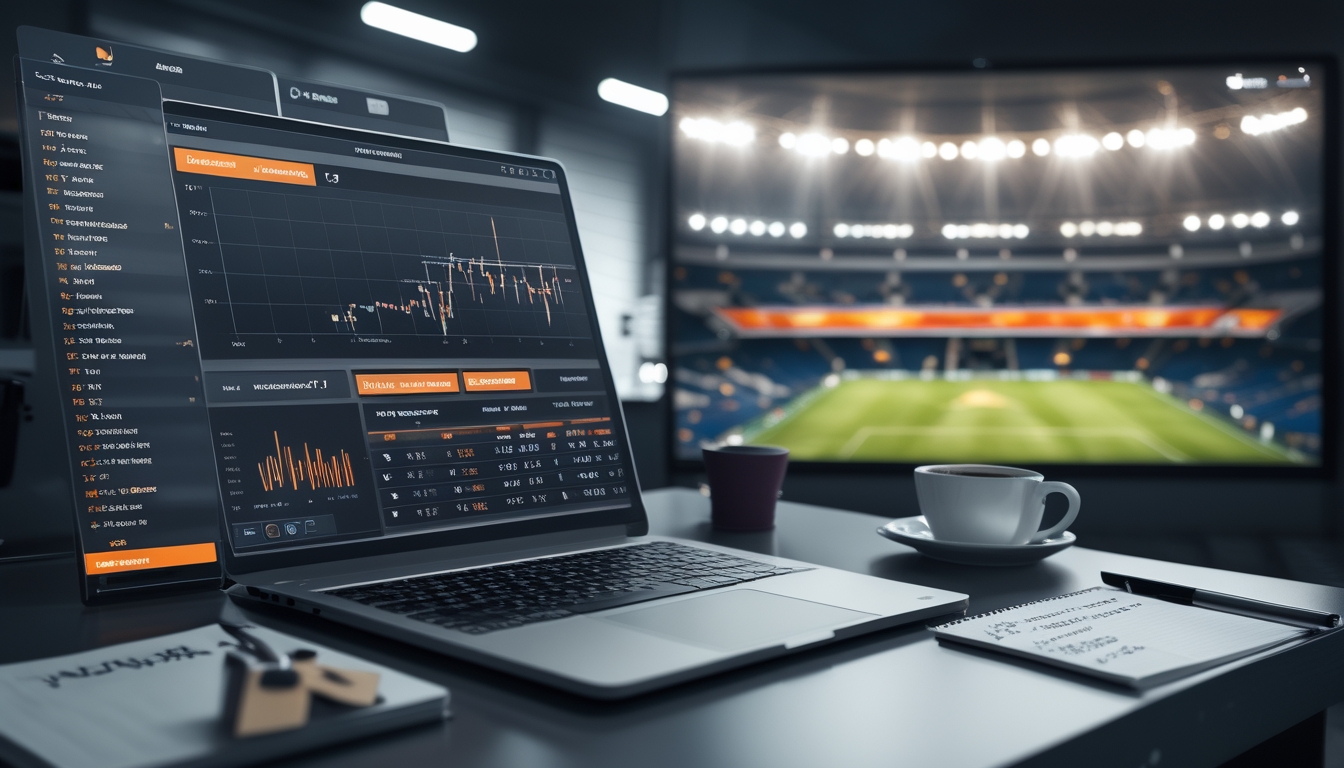 Meja kerja dengan perangkat digital menampilkan statistik sepak bola dan grafik prediksi, latar belakang stadion sepak bola dengan pemain yang sedang bermain.