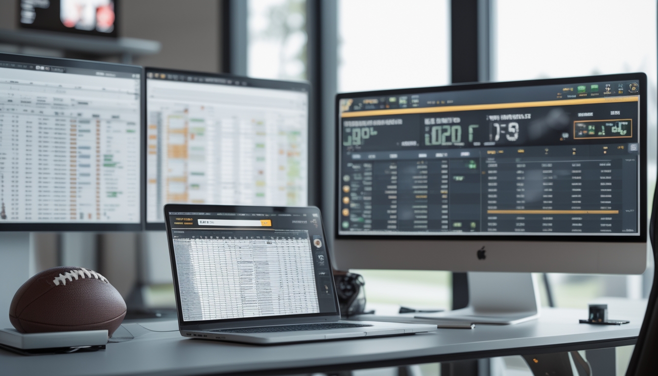 Meja kerja modern dengan beberapa monitor menampilkan statistik sepak bola dan peluang taruhan 1X2, serta laptop dengan data terperinci, di ruang kantor yang rapi dan terang.