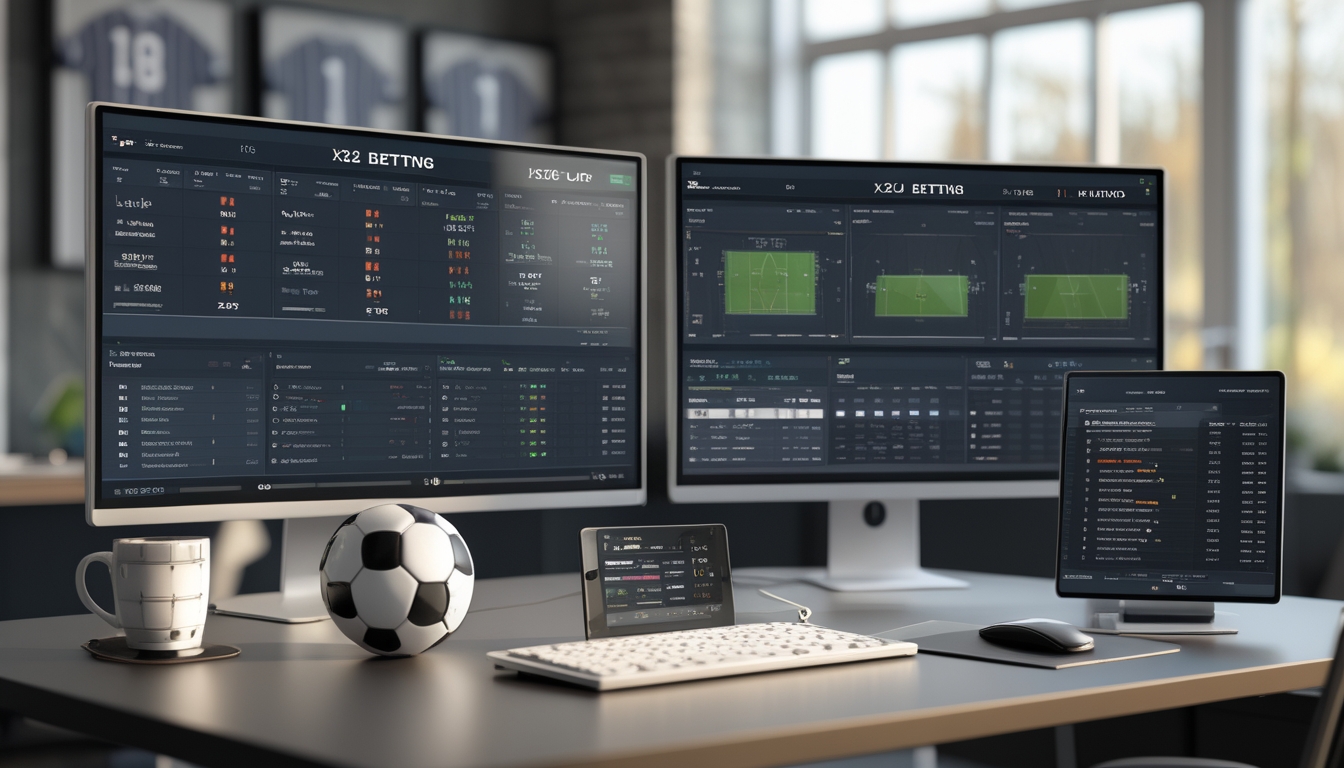 Meja kerja dengan beberapa monitor menampilkan statistik dan grafik sepak bola, bola sepak bola di atas meja, dan suasana ruangan yang terang dengan dekorasi bertema sepak bola.