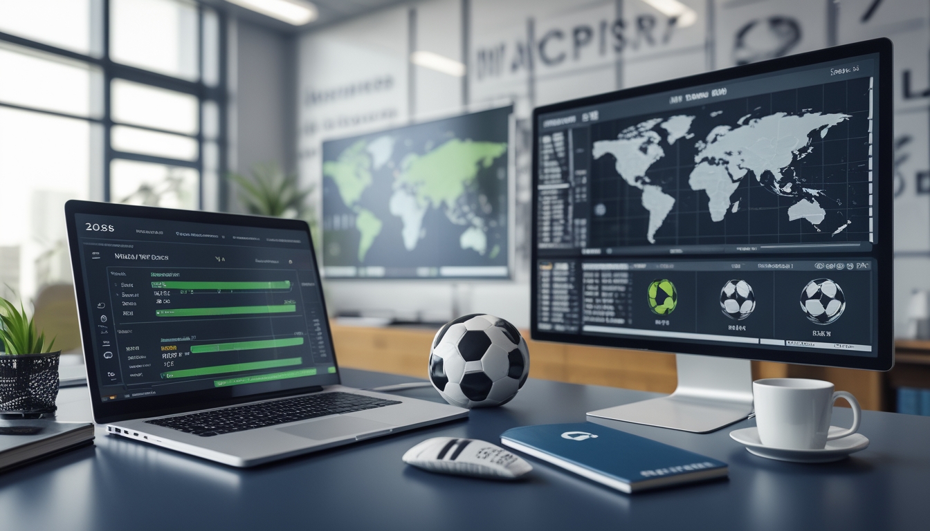 Seorang analis olahraga sedang bekerja dengan laptop dan beberapa layar yang menampilkan pertandingan sepak bola dari berbagai liga top dunia tahun 2026.