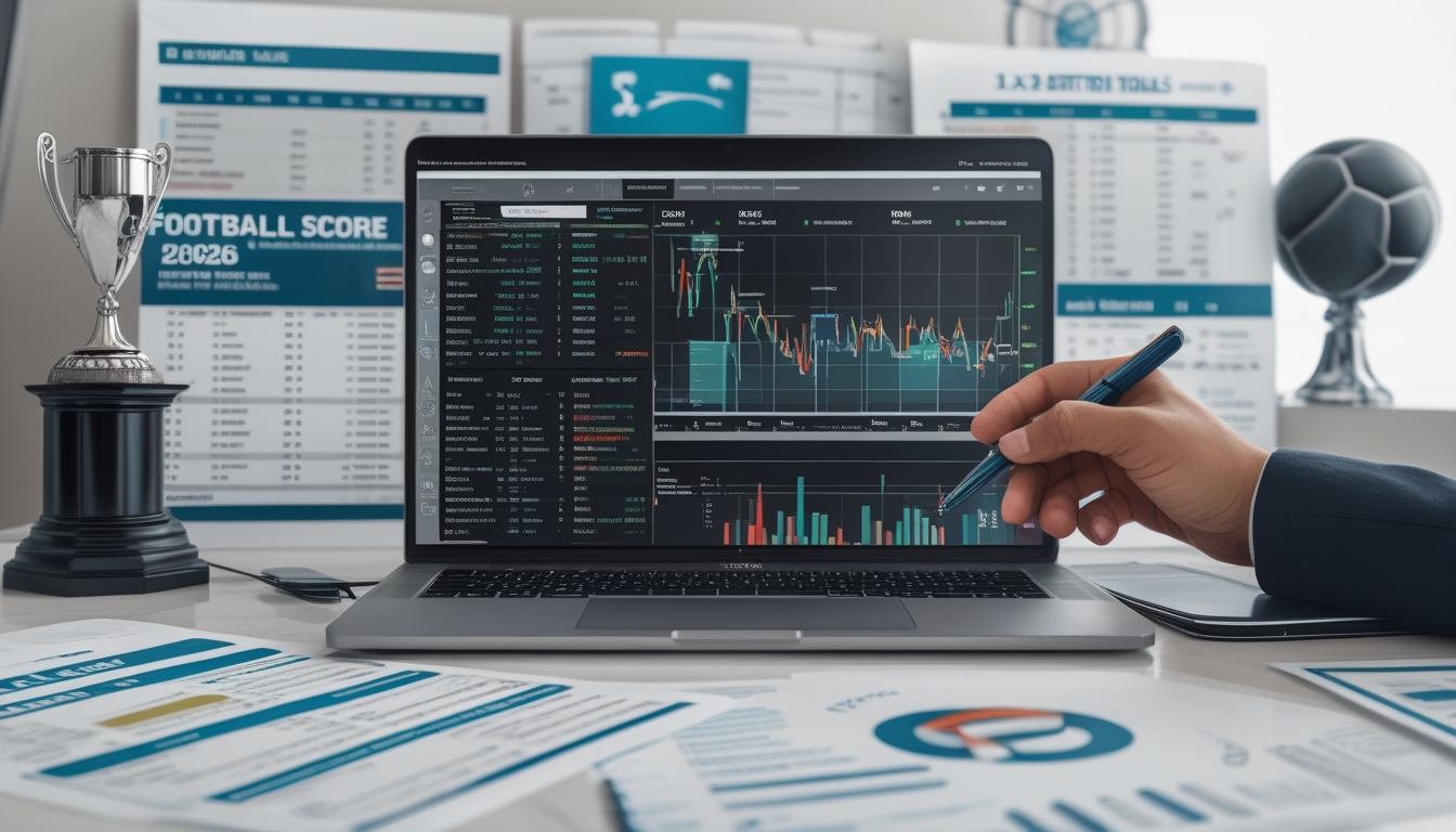 Meja kerja dengan laptop dan dokumen yang menampilkan data prediksi skor sepak bola dan tabel liga, seseorang sedang menandai data dengan pena.