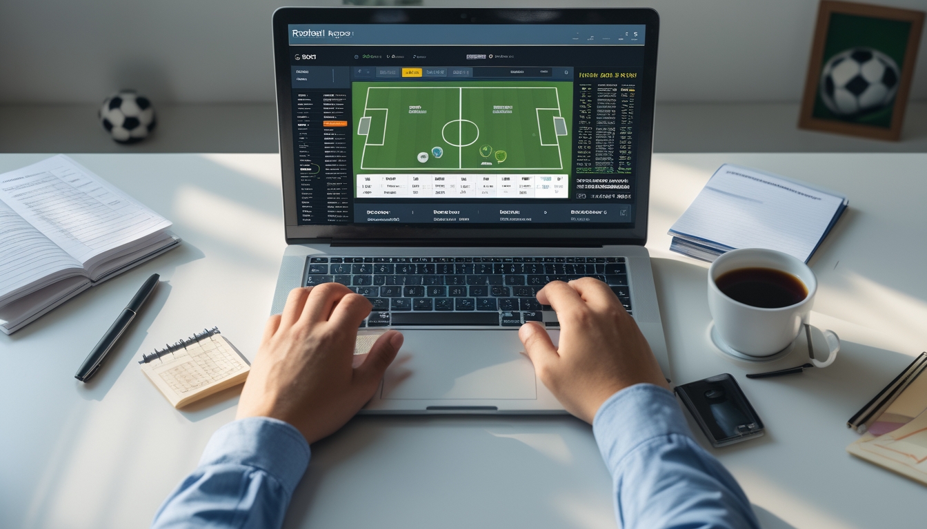 Meja kerja dengan laptop yang menampilkan antarmuka pertandingan sepak bola dan catatan di sekitarnya.