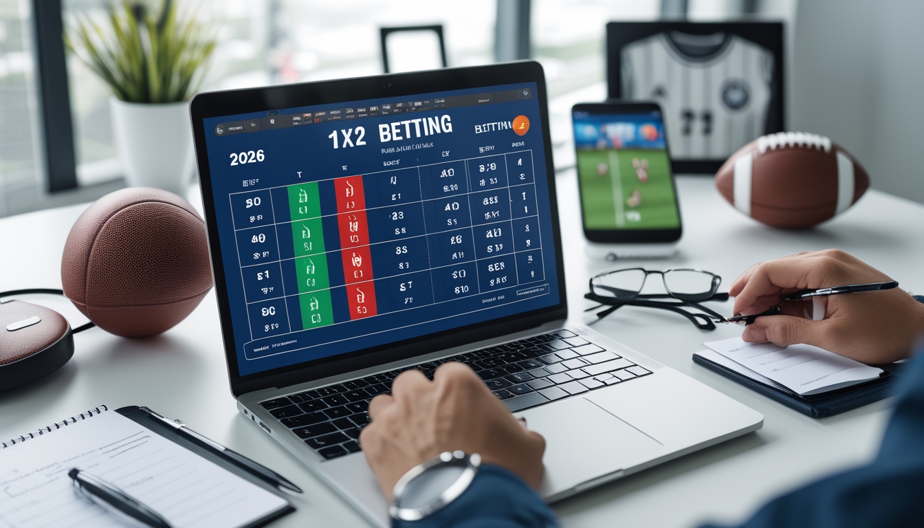 Meja kerja dengan laptop yang menampilkan tabel taruhan sepak bola 1X2, notepad, bola kecil, dan ponsel yang menayangkan pertandingan sepak bola.