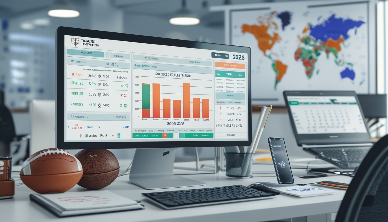 Sebuah ruang kerja modern dengan komputer menampilkan statistik dan perbandingan pertandingan sepak bola, bola sepak di atas meja, serta alat tulis di lingkungan kantor yang terang.