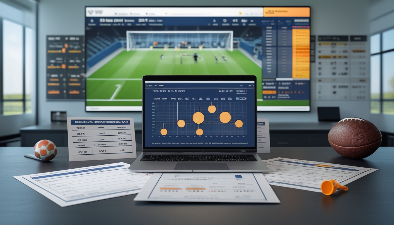Seorang profesional sedang menganalisis statistik dan data taruhan sepak bola 1X2 di sebuah meja kerja dengan laptop dan layar digital yang menampilkan pertandingan sepak bola.