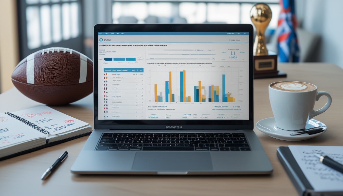 Meja kerja dengan laptop yang menampilkan statistik sepak bola, bola sepak, dan alat tulis di ruang kantor yang terang.