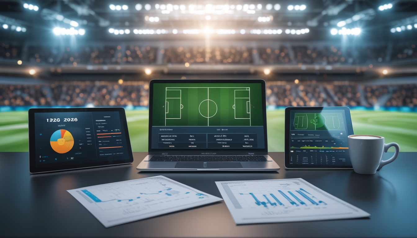 Meja kerja dengan laptop dan tablet yang menampilkan statistik sepak bola dan prediksi taruhan 1X2, latar belakang stadion sepak bola penuh penonton.