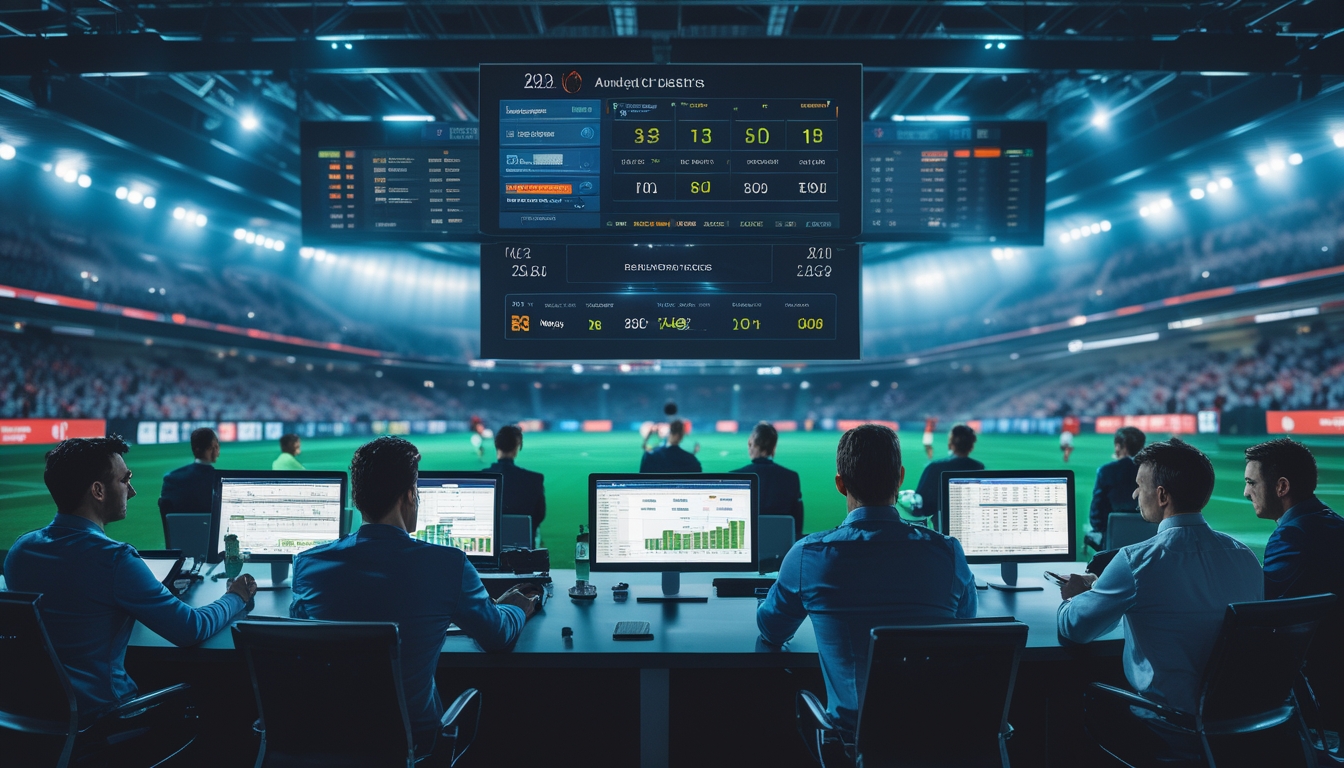 Sekelompok analis sepak bola sedang berdiskusi di depan layar besar dengan statistik pertandingan dan suasana stadion penuh penonton sedang berlangsung pertandingan sepak bola.