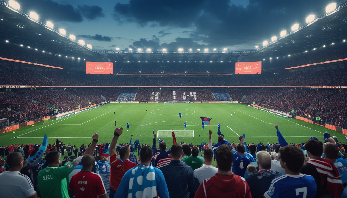 Stadion sepak bola Eropa yang ramai dengan pemain sedang bertanding dan penonton bersorak sorai.