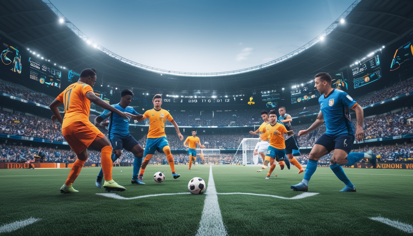 Pertandingan sepak bola yang intens di stadion besar dengan pemain dari dua tim yang bersaing memperebutkan bola di dekat area gawang, dikelilingi oleh penonton yang bersorak.