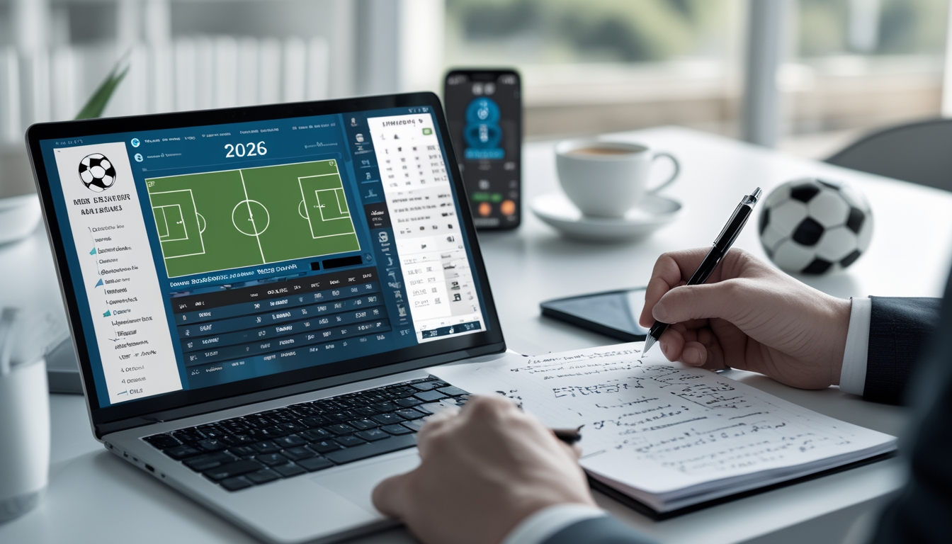 Meja kerja dengan laptop yang menampilkan statistik sepak bola dan tabel taruhan, tangan memegang pena di atas kertas catatan, dan smartphone dengan skor pertandingan sepak bola.