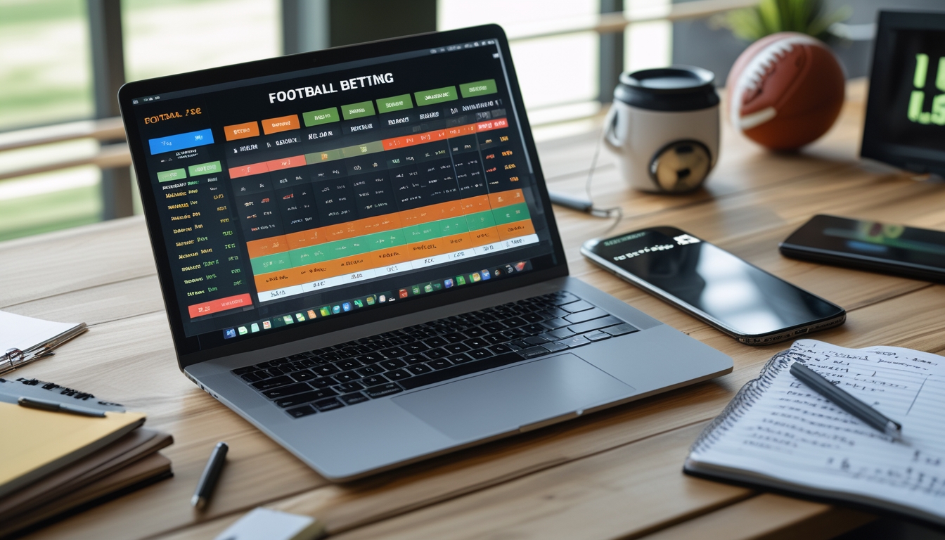 Meja kerja dengan laptop yang menampilkan tabel peluang taruhan sepak bola 1X2, notepad dengan catatan, kopi, dan ponsel yang menunjukkan skor pertandingan sepak bola.