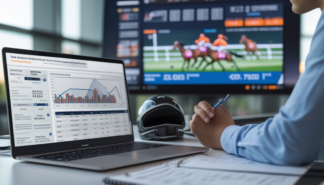 Seorang pria sedang menganalisis data taruhan pacuan kuda menggunakan laptop dan catatan di meja kerja.
