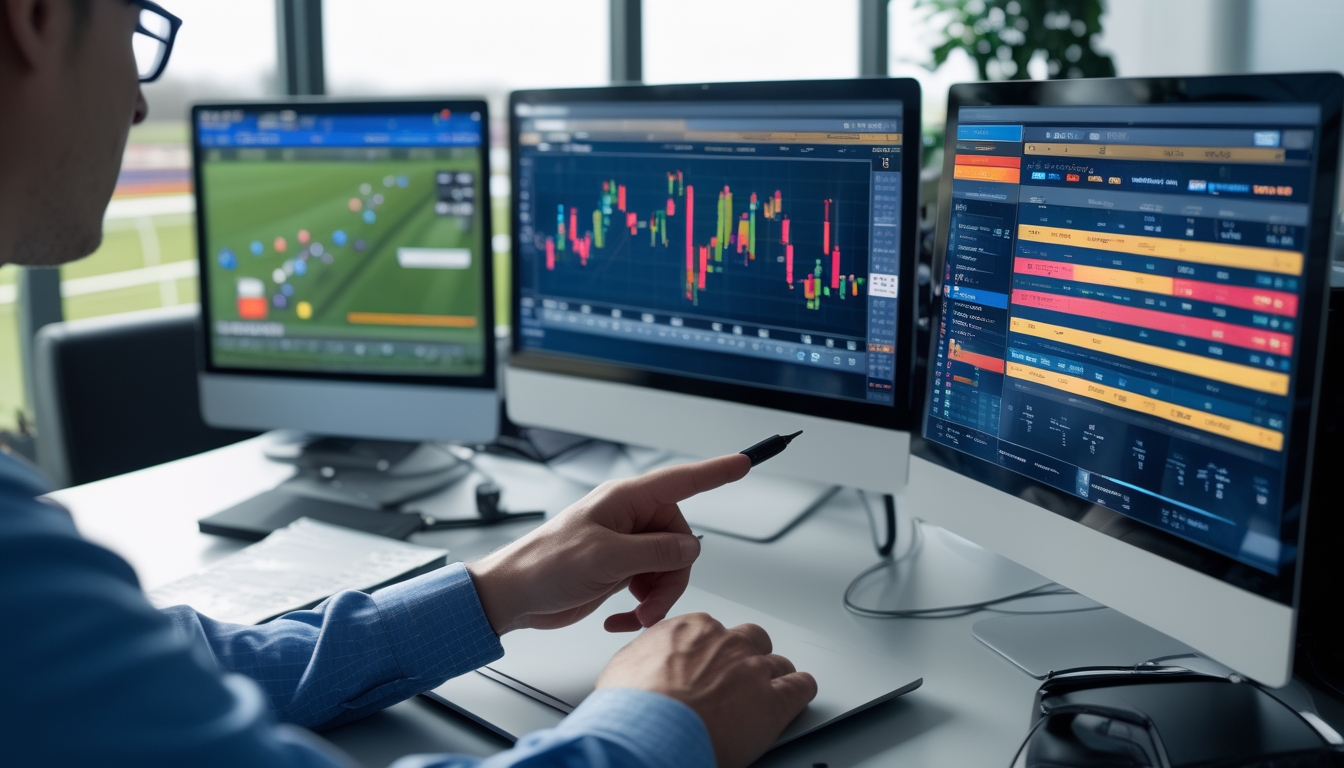 Seseorang sedang menganalisis peluang dan odds taruhan pacuan kuda di depan beberapa layar komputer dengan grafik dan data.