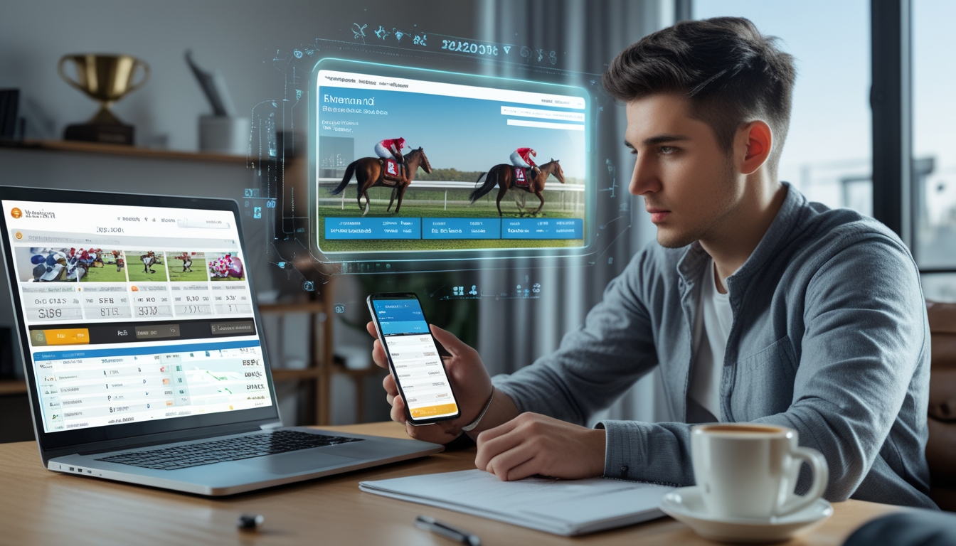 Seorang dewasa muda menggunakan laptop dan ponsel pintar di ruang kerja modern dengan layar digital menampilkan data pacuan kuda.