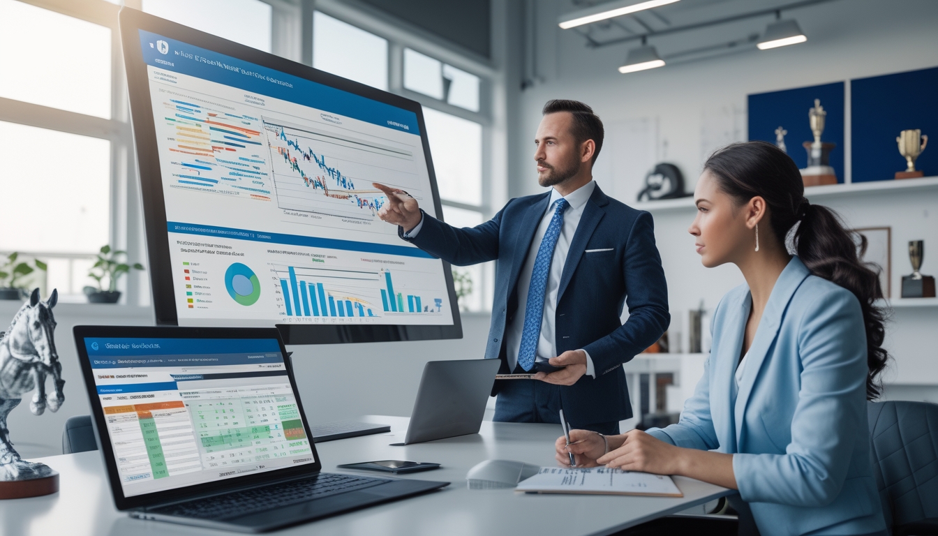 Sekelompok profesional sedang menganalisis data dan performa kuda pacuan di ruang kantor modern.
