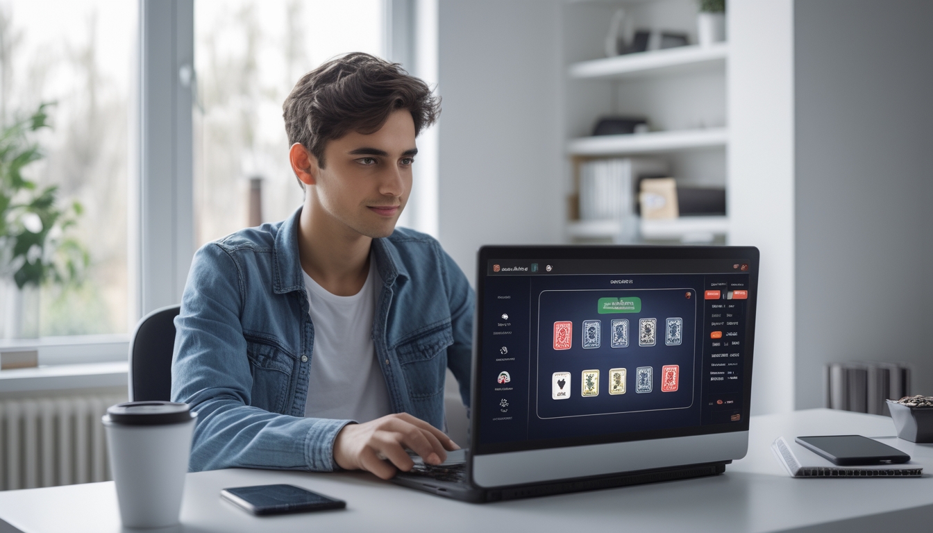 Seseorang duduk di meja kerja dengan laptop yang menampilkan permainan kartu digital, di ruangan yang rapi dan terang.