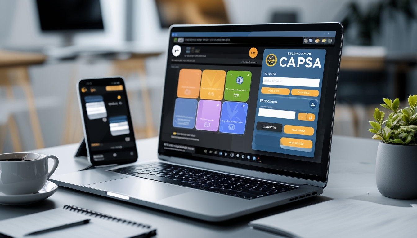 Seorang pengguna sedang mendaftar permainan Capsa online di laptop dengan meja kerja rapi dan perangkat pendukung seperti ponsel dan catatan.