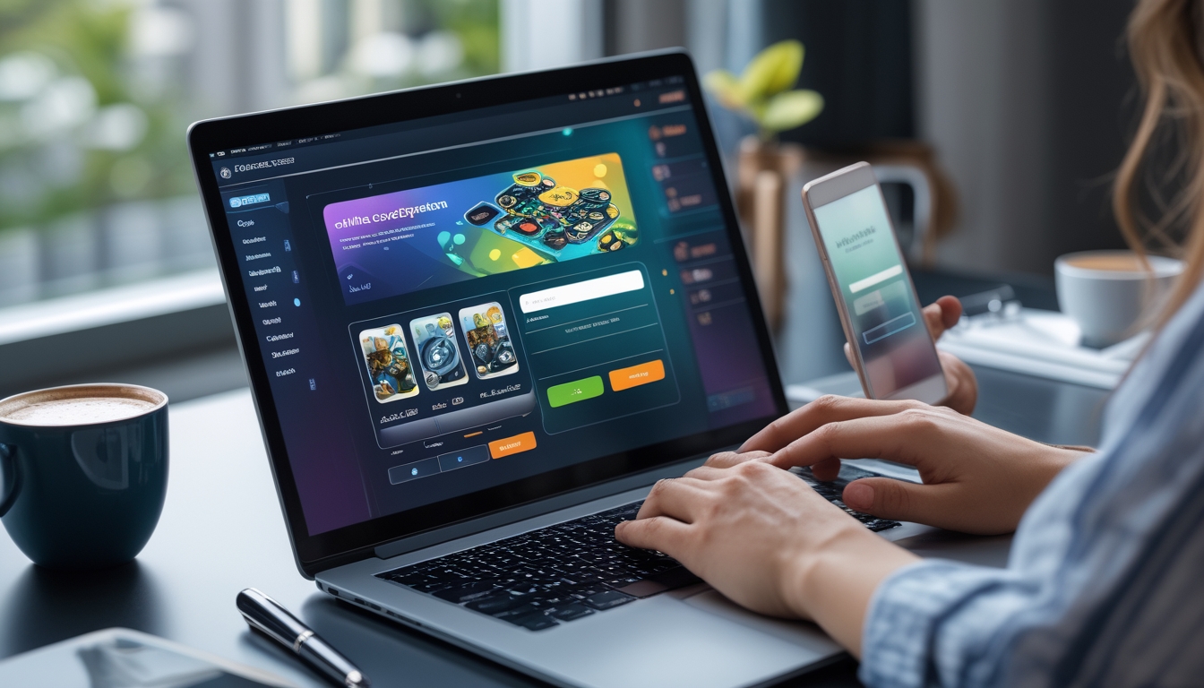 Meja kerja dengan laptop dan ponsel yang menampilkan permainan kartu online, tangan seseorang sedang menggunakan perangkat untuk mendaftar.