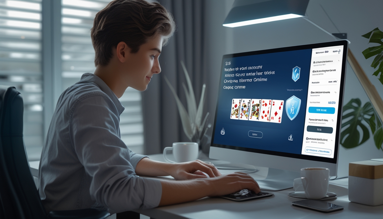 Seseorang duduk di meja dengan laptop yang menampilkan permainan kartu online, suasana nyaman dan aman di ruang kerja modern.