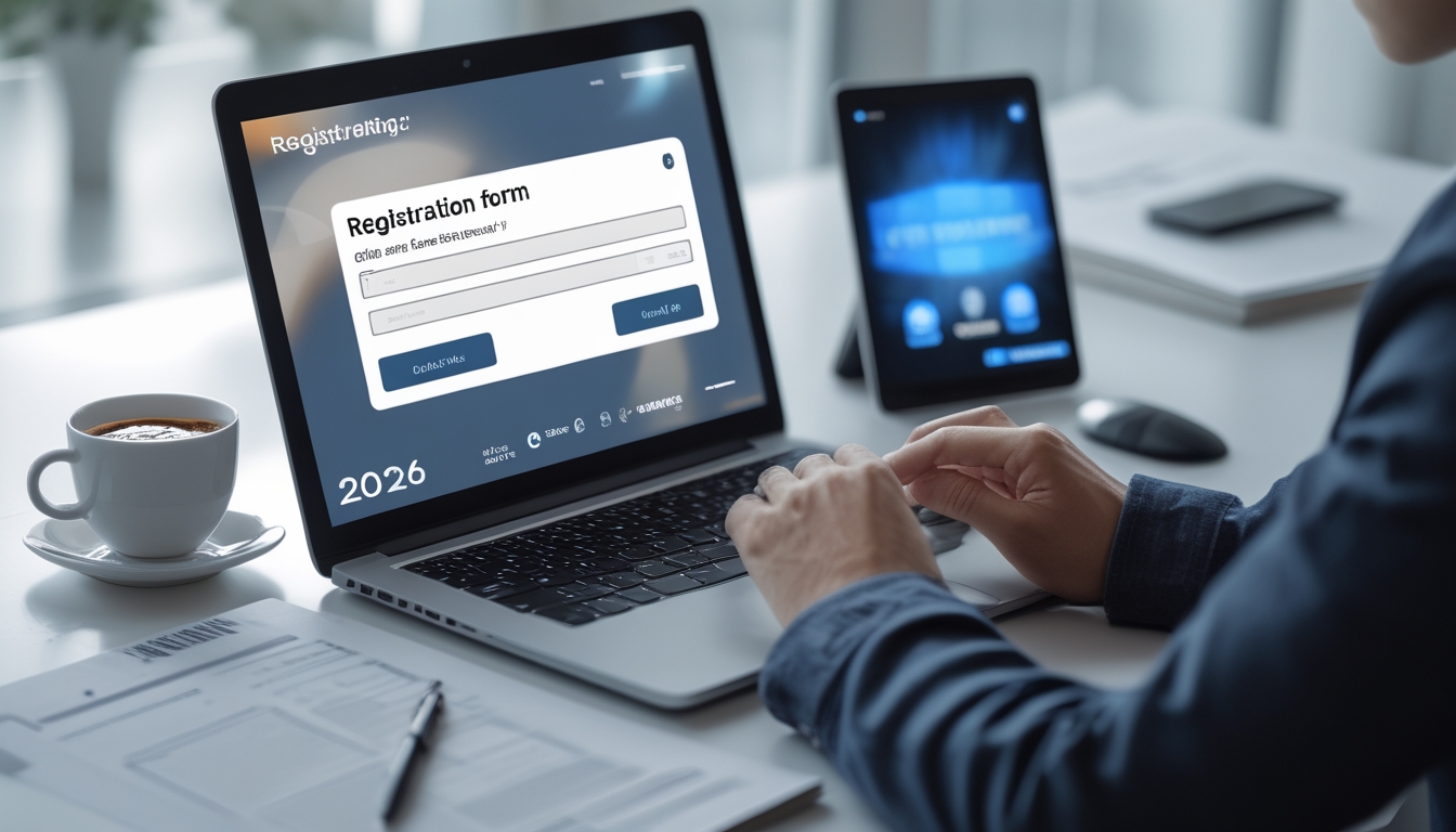 Meja kerja dengan laptop yang menampilkan formulir pendaftaran, tangan seseorang sedang mengetik, dan ponsel dengan layar login aman, suasana terang dan tenang.