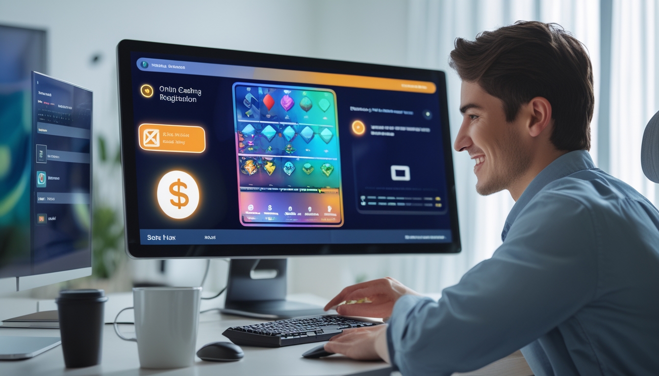 Seorang dewasa muda duduk di meja kerja dengan komputer yang menampilkan permainan kartu online, terlihat fokus dan senang dalam suasana ruangan terang.
