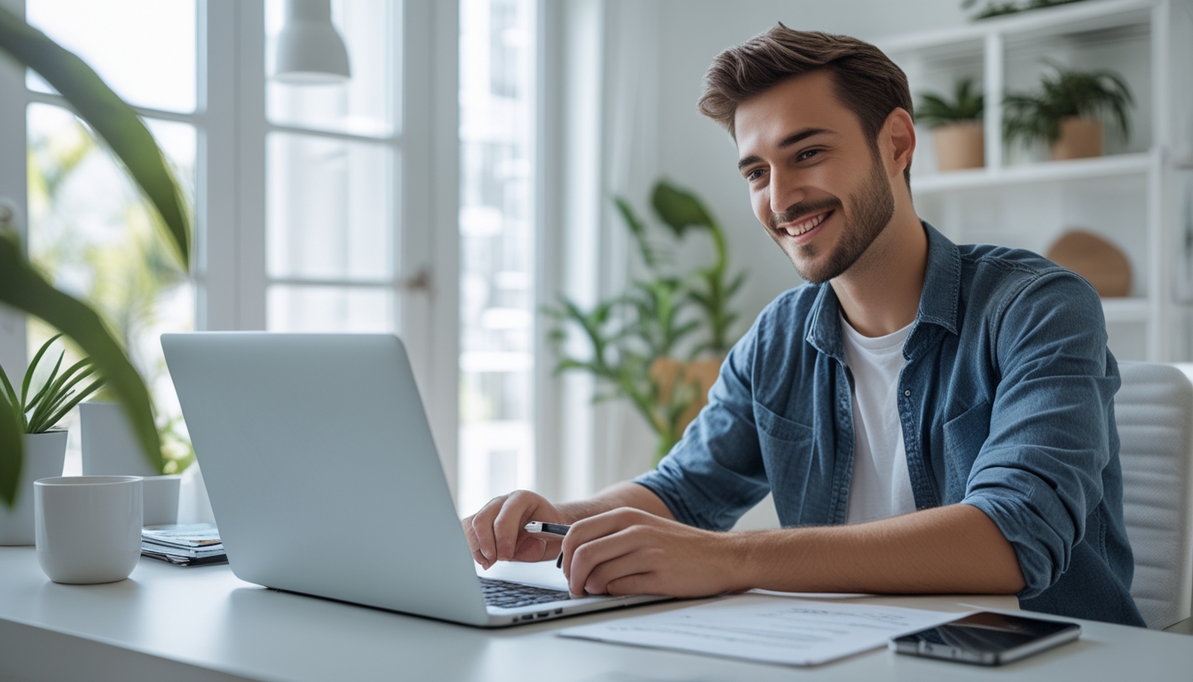 Seseorang sedang duduk di depan laptop di ruang kerja rumah yang terang, mempersiapkan pendaftaran online dengan suasana tenang dan rapi.