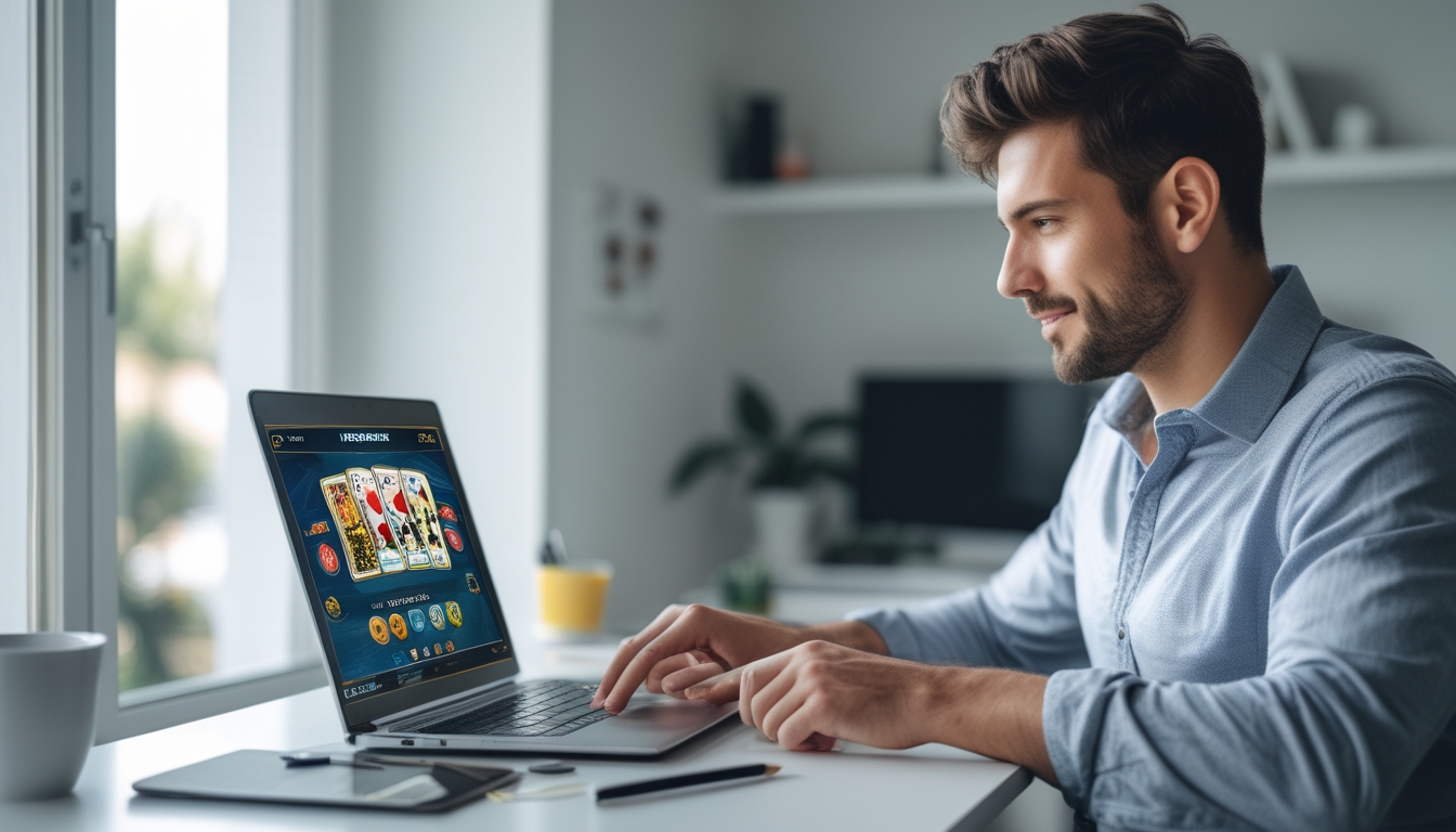 Seorang pria muda duduk di meja dengan laptop, terlihat fokus bermain permainan kartu online di ruang kerja yang terang dan rapi.