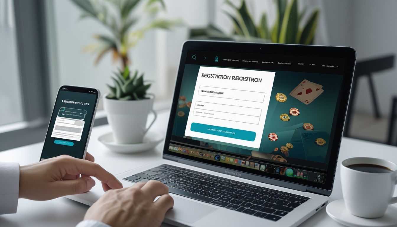 Seseorang menggunakan laptop dan ponsel di meja kerja untuk mendaftar permainan kartu online dengan suasana yang rapi dan terang.