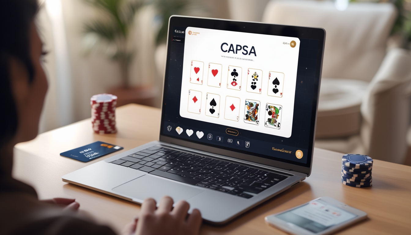 Seorang pengguna sedang bermain permainan Capsa online di laptop dengan kartu dan chip poker di meja, menunjukkan suasana pendaftaran dan deposit minimal.