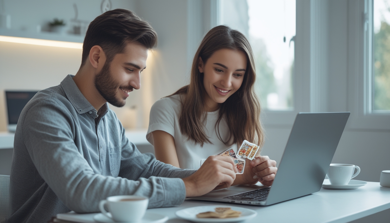 Seorang pria dan wanita muda duduk di meja modern sambil bermain permainan kartu online di laptop dalam ruangan yang terang dan nyaman.