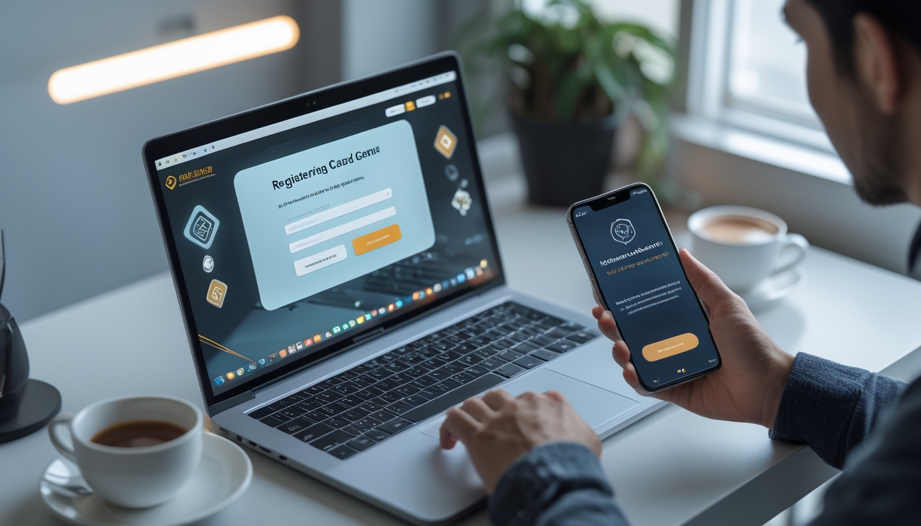 Seseorang sedang mendaftar permainan kartu online menggunakan laptop dan ponsel di meja kerja yang rapi.
