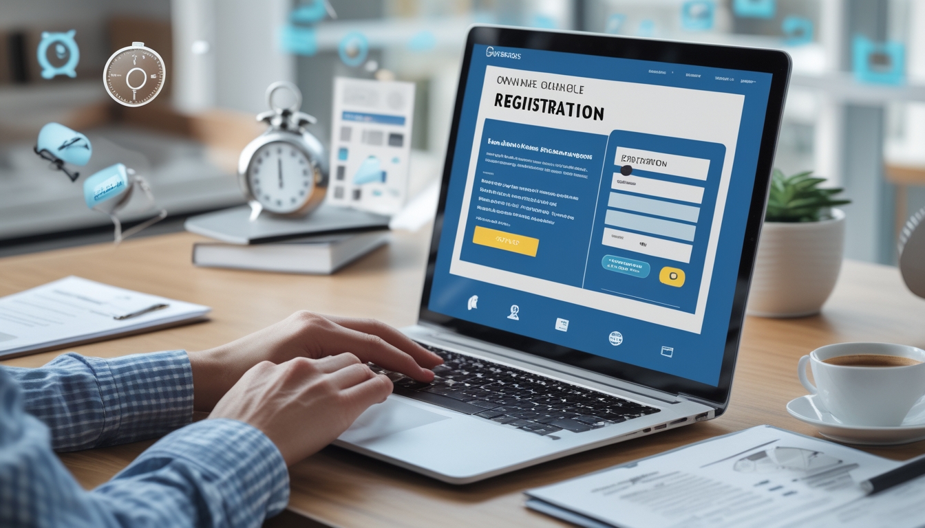 Seseorang menggunakan laptop di meja kerja dengan dokumen dan ponsel di sekitarnya, menunjukkan proses pendaftaran online yang cepat dan efisien.