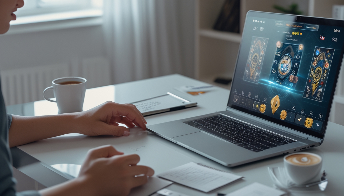 Seorang pemain muda sedang bermain permainan kartu Capsa secara online di laptop di ruang kerja yang rapi dan terang.