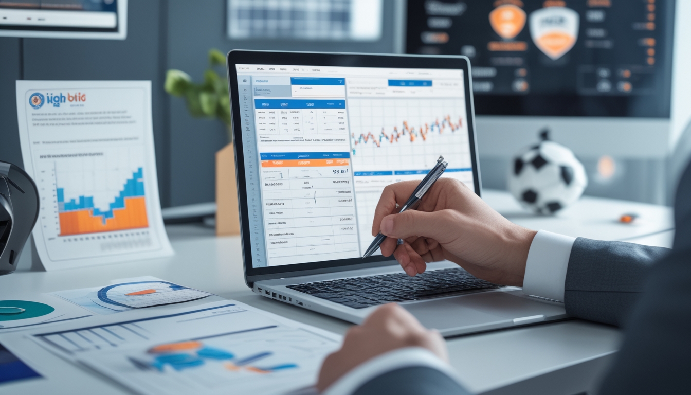 Seseorang sedang menganalisis data taruhan bola dengan laptop dan grafik di meja kerja.