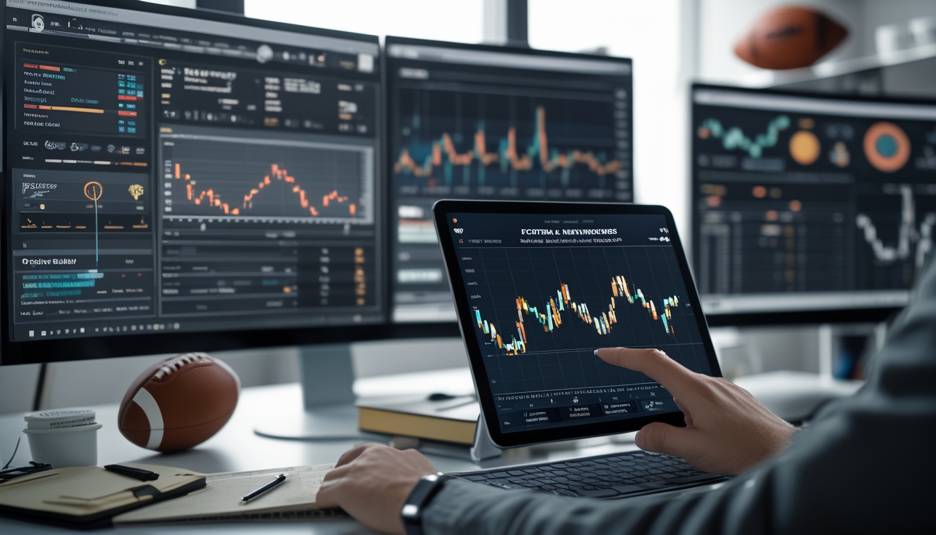 Meja kerja modern dengan beberapa layar komputer menampilkan grafik dan statistik taruhan sepak bola, tangan seseorang menggunakan tablet dengan data taruhan, dan latar belakang terdapat bola sepak serta cangkir kopi.